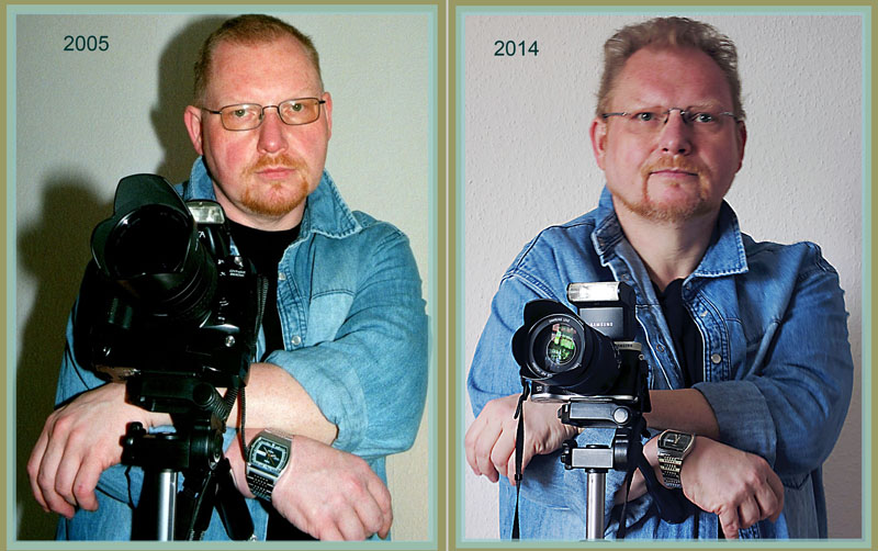 Doppelportraet; links Jahr
                      2005, rechts Jahr 2014, gleiches Jeanshemd,
                      gleiche Uhr