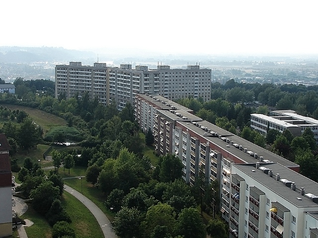 Blick über Hochhäuser, Sonnenstein